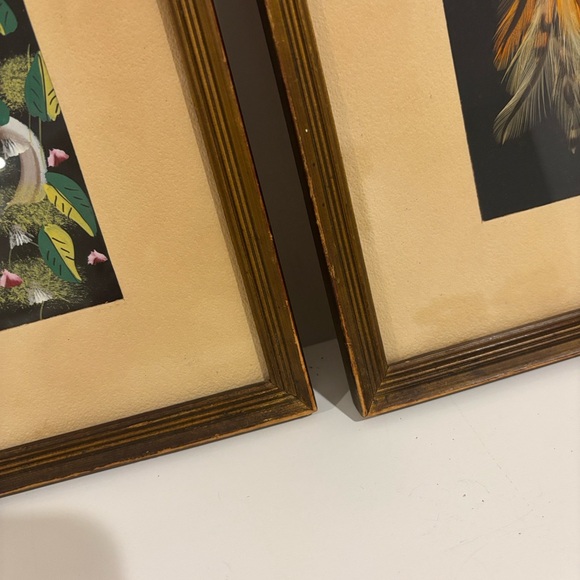 Vintage Mexican bird feather art paintings wood frames SET OF TWO 10.75" X 7.5" - Picture 6 of 13